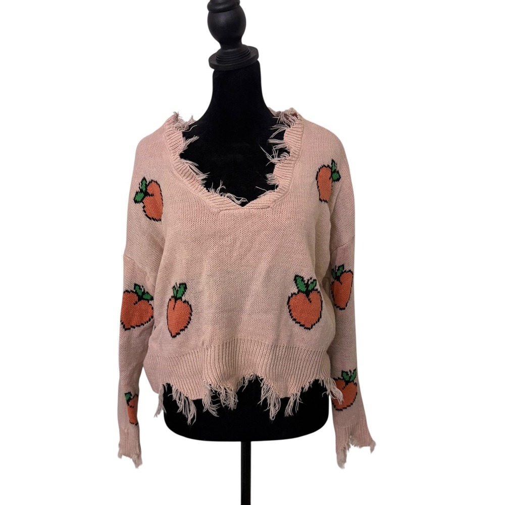 Just Polly Peach Print Cropped‎ Sweater Size S Frayed Knit Pullover Coquette
